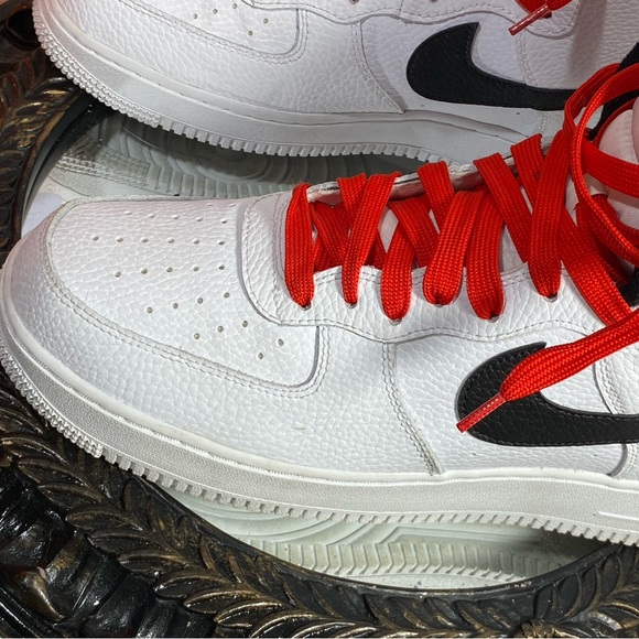 Air Force Ones Nike White and Black Athletic Shoes with Red Accents main image 10